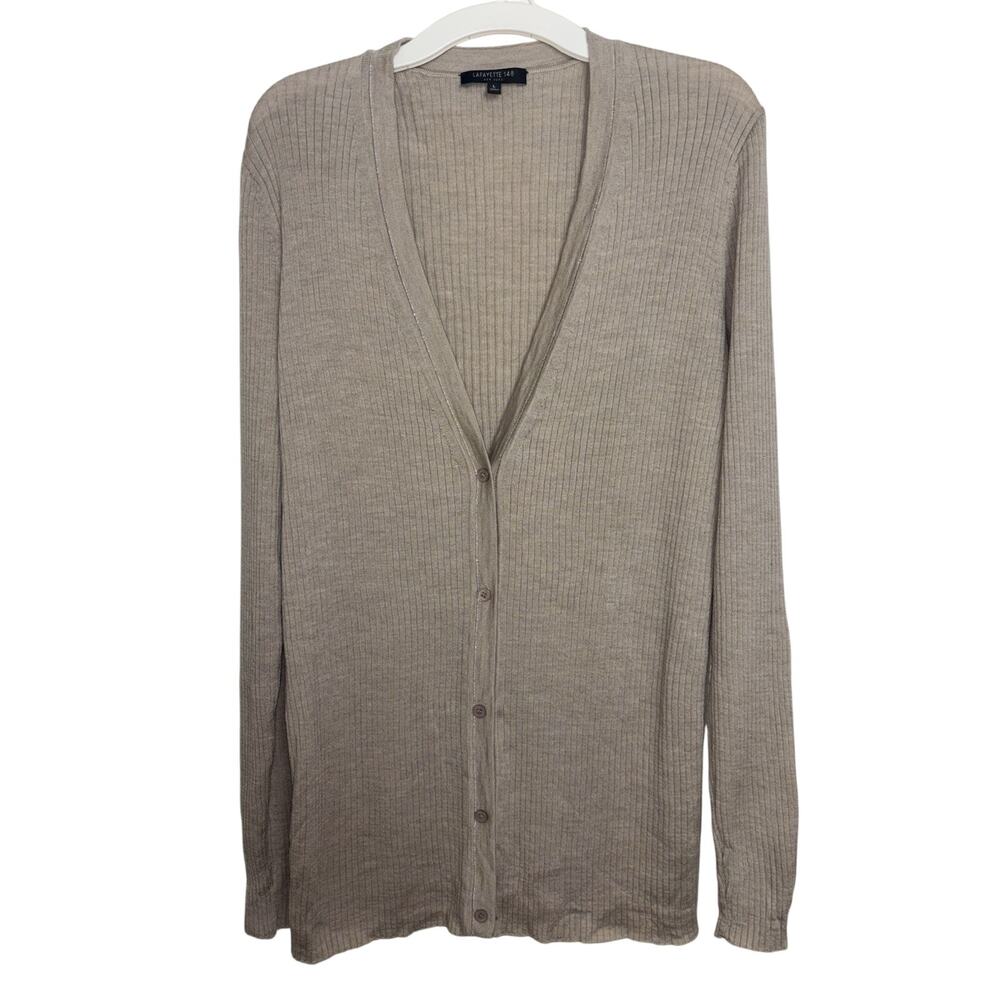 Lafayette 148 100% Wool Beige Rib Knit V-Neck Button Cardigan L Minimal